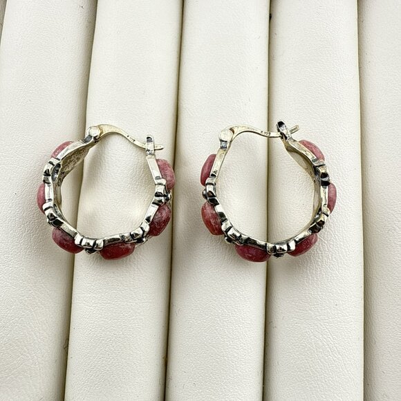 Shube Hoop Earrings Pink Rhodonite Dakota West Sterling Silver Hoops Cabochon - Picture 4 of 9